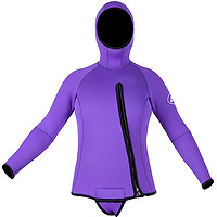 Front view of an amethyst female JMJ Beavertail Jacket with attached hood and diagonal front zip