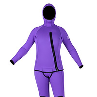 Front view of an amethyst female JMJ Farmer Jane with Beavertail Jacket combo with attached hood and diagonal front zip
