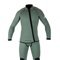 Front view of an olive male JMJ Farmer John with no hood Step In Jacket combo with diagonal front zip