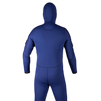 Back view of a navy male JMJ One Piece Fullsuit with Attached Hood
