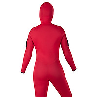 Back view of a red female JMJ One Piece Fullsuit with Attached Hood