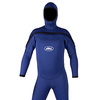 Front view of a navy male JMJ One Piece Fullsuit with Attached Hood