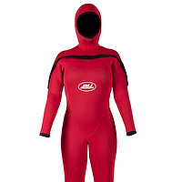 Front view of a red female JMJ One Piece Fullsuit with Attached Hood