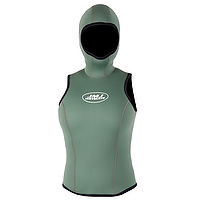 Front view of an olive female JMJ Hooded Vest