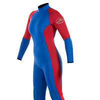 Front view of the JMJ One-Piece Fullsuit - royal blue suit with red trim and back-zip