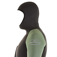 Side view of the JMJ Farmer John wetsuit with Beavertail Jacket in black with olive trim