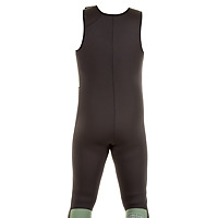 Back view of the JMJ Farmer John wetsuit in black with olive trim