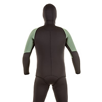 Back view of the JMJ Farmer John wetsuit with Beavertail Jacket in black with olive trim