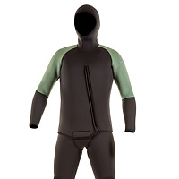 Front view of the JMJ Farmer John wetsuit with Beavertail Jacket in black with olive trim