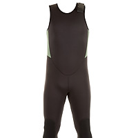 Front view of the JMJ Farmer John wetsuit in black with olive trim