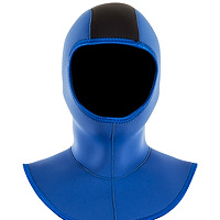 Front view of the JMJ Hood with Coldwater Bib in blue with black trim