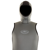 Front view of the JMJ Hooded Vest in olive with black trim