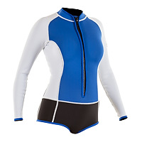 Front view of the JMJ long-sleeve spring surf wetsuit with bikini bottom in blue with black bottom and white trim