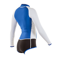 Side view of the JMJ long-sleeve spring surf wetsuit with bikini bottom in blue with black bottom and white trim