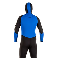Back view of the JMJ One-Piece Fullsuit with Attached hood- black suit with royal blue trim