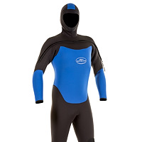 Front view of the JMJ One-Piece Fullsuit with Attached hood - black suit with royal blue trim