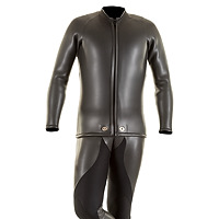 Front view of the JMJ Smoothie Farmer John wetsuit and Beavertail Jacket