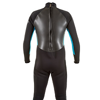Back view of the JMJ Surf Fullsuit with back-zip - black suit with teal blue trim