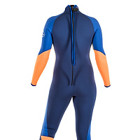 Back view of the JMJ Surf Fullsuit with back-zip - navy blue suit with royal blue, grey and orange trip. 