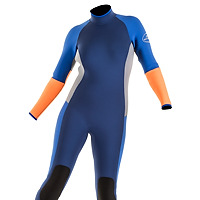 Front view of the JMJ Surf Fullsuit with back-zip - navy blue suit with royal blue, grey and orange trip. 