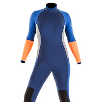Front view of the JMJ Surf Fullsuit with back-zip - navy blue suit with royal blue, grey and orange trip. 