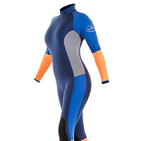 Front view of the JMJ Surf Fullsuit with back-zip - navy blue suit with royal blue, grey and orange trip. 