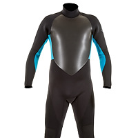 Front view of the JMJ Surf Fullsuit with back-zip - black suit with teal blue trim