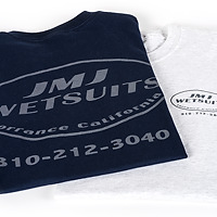 Front and rear views of JMJ T-shirts in blue and white